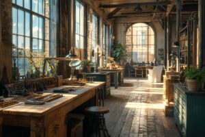 Atelier Grognard à Rueil-Malmaison, intérieur d'atelier avec fenêtres hautes et établis de précision