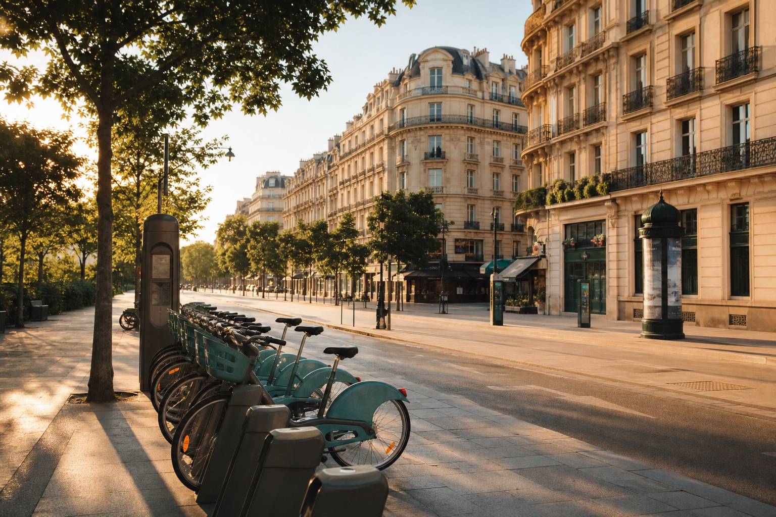 Station de vélos partagés Vélib dans une rue parisienne en soirée
