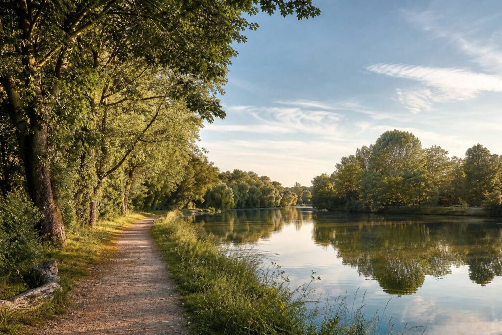 Sentier paisible au bord de la Marne avec arbres et reflets dans l'eau