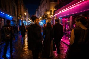 Rue animee du Marais a Paris la nuit avec neons roses et bleus ambiance cabaret