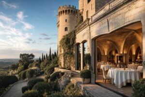 Salle à manger élégante d'un château transformé en restaurant gastronomique