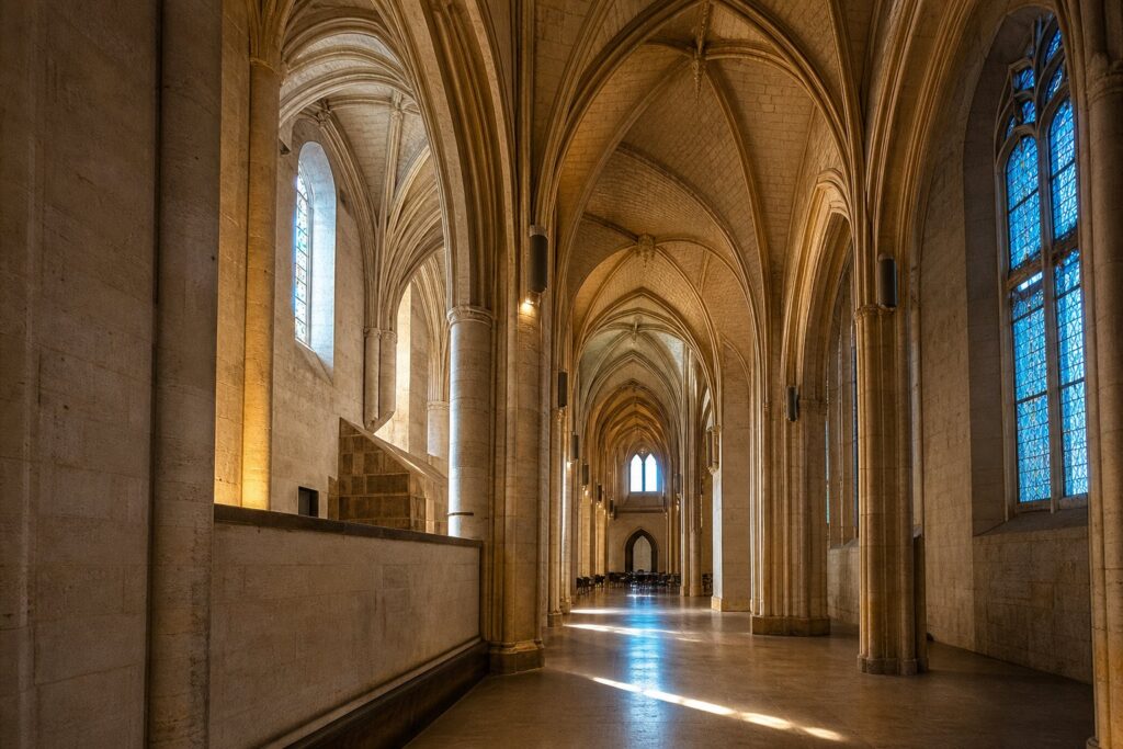College des Bernardins a Paris salle votee en pierre avec vitraux et lumiere tamisee