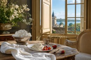 Dessert à la crème Chantilly dans un cadre élégant de château