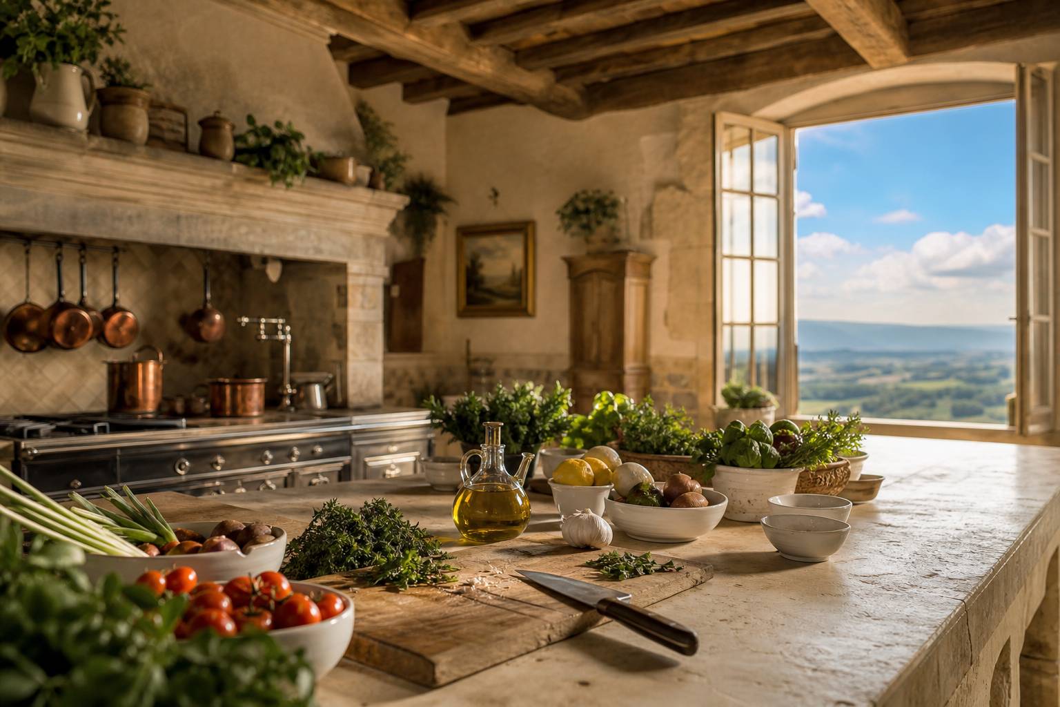 Plan de travail en pierre avec ingrédients frais dans une cuisine de château