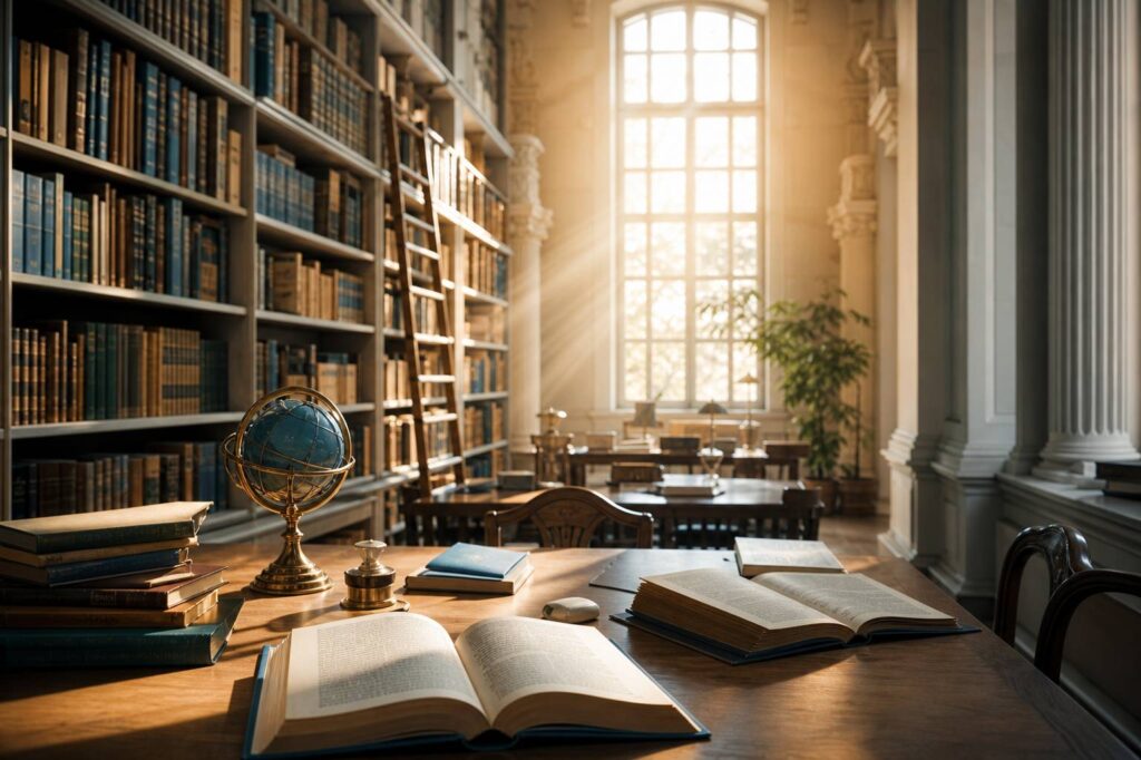 Bibliothèque lumineuse avec alignement de livres anciens et modernes