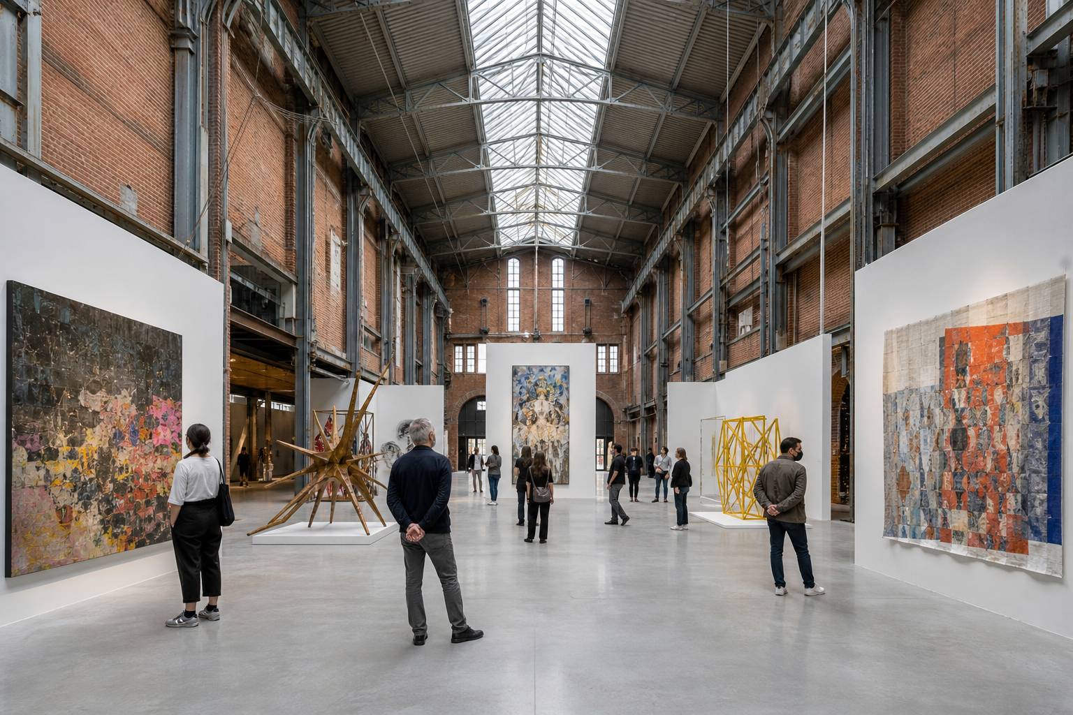 Ancienne chaufferie industrielle rénovée avec visiteurs regardant des oeuvres d'art