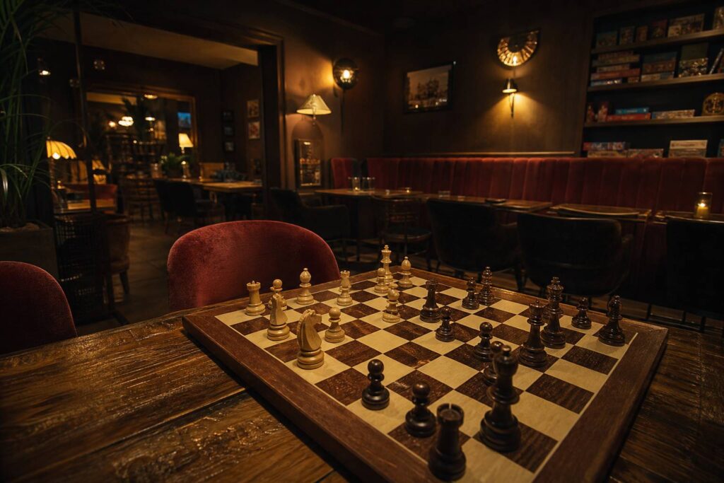 Échiquier en bois sur table dans un bar à jeux parisien à l'ambiance tamisée