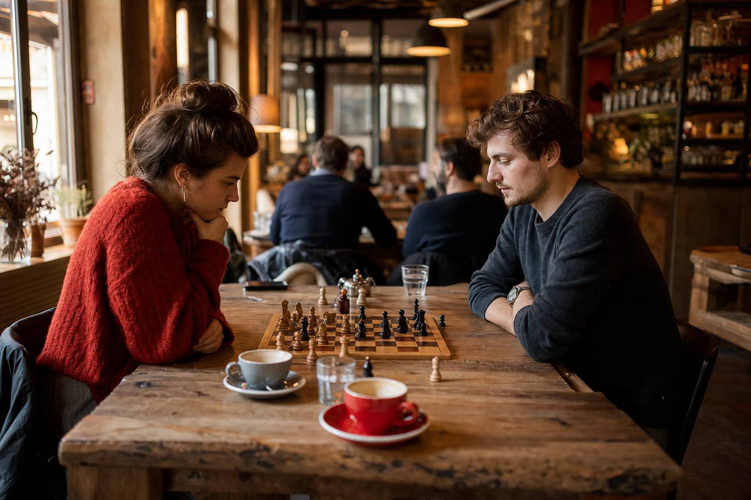 Deux personnes jouant aux échecs dans un café convivial