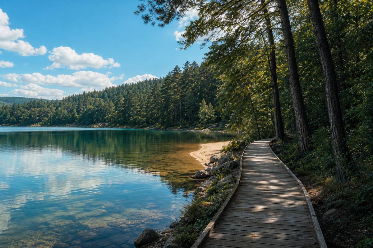 Lac paisible entoure de foret avec sentier en bois pour promenade en nature
