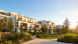 Immeuble moderne d'habitat participatif avec espaces verts partagés et architecture contemporaine