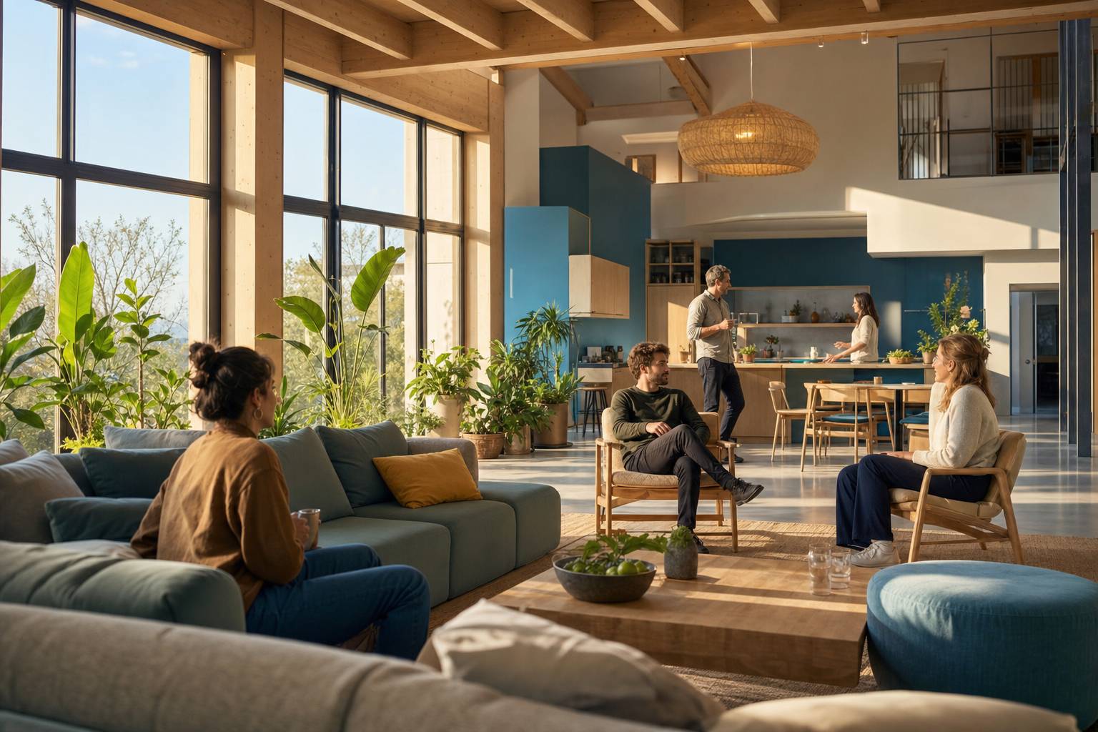 Salon partagé lumineux dans un habitat coopératif, plantes vertes et convivialité