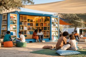 L&rsquo;Ideas Box : la bibliothèque mobile qui accompagne et soutient les réfugi - bibliothèque mobile colorée pour réfugiés avec livres et espace de
