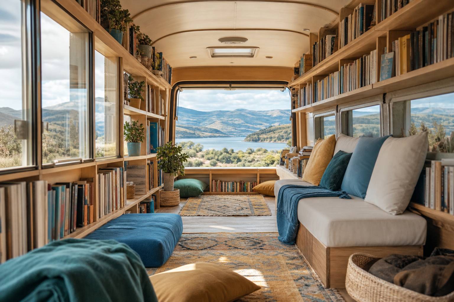 L’Ideas Box : la bibliothèque mobile qui accompagne et soutient les réfugi - espace de lecture avec livres alignés et tapis colorés dans une bib