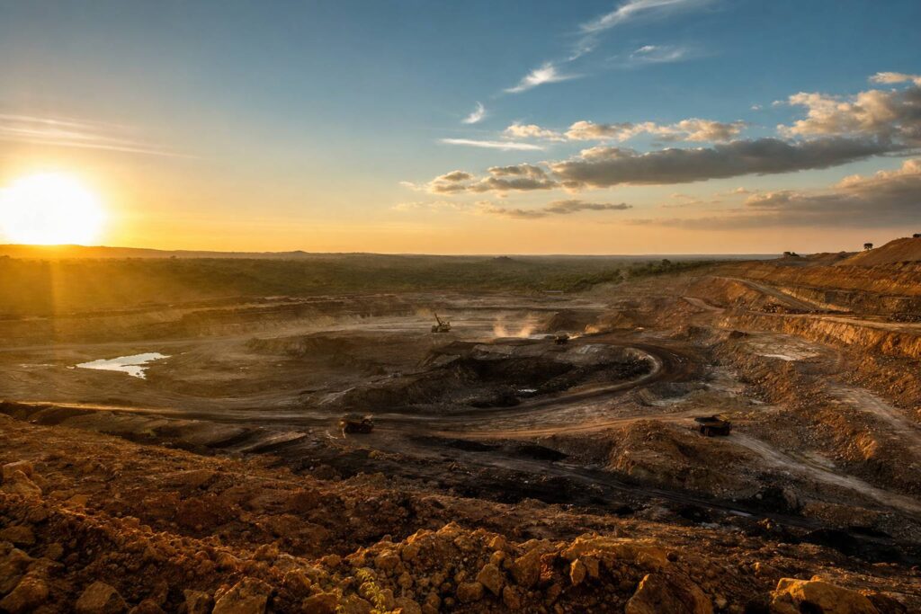 Mine de charbon à ciel ouvert au Mozambique avec engins de chantier au coucher du soleil