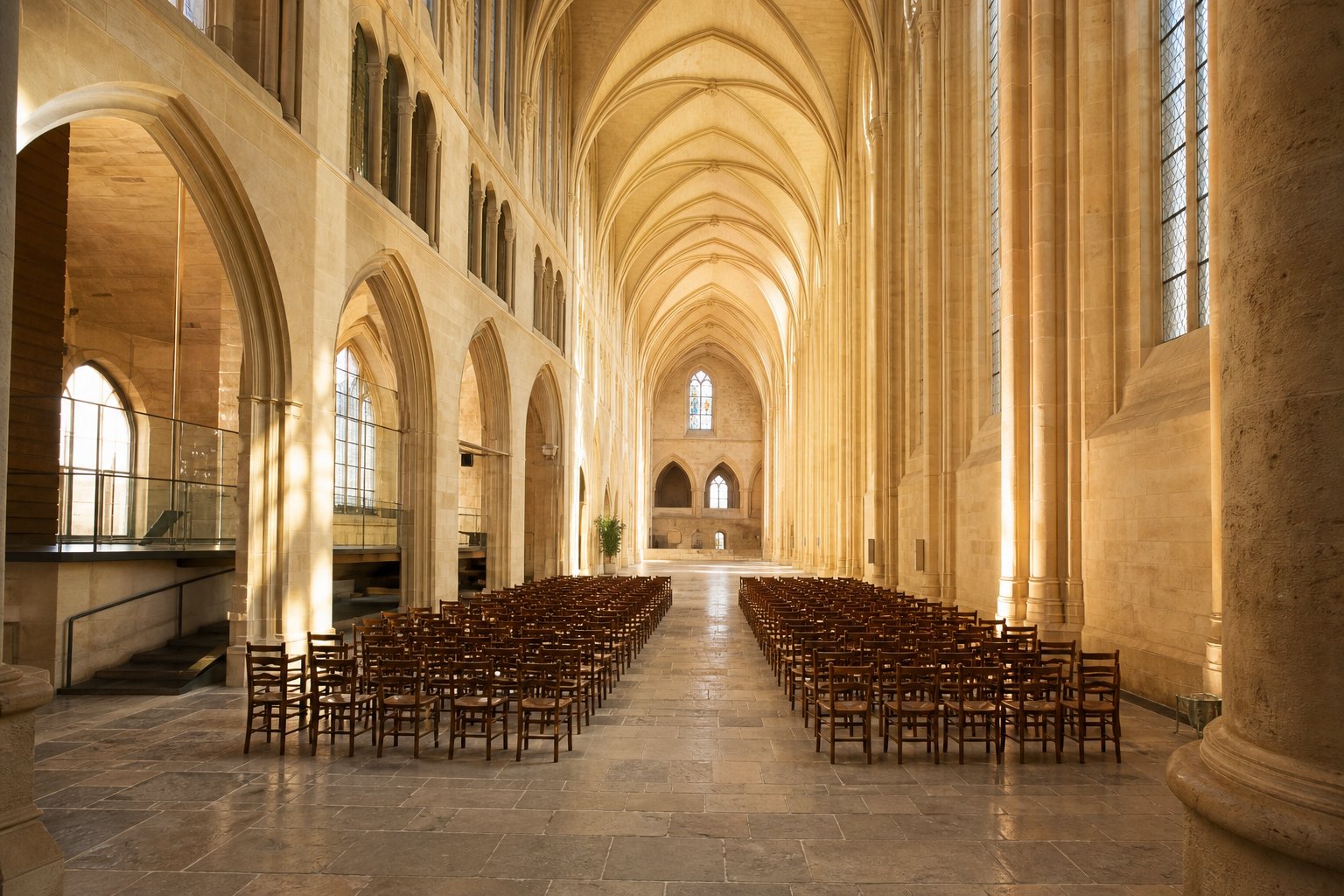 Nef gothique College Bernardins voutes ogive chaises bois