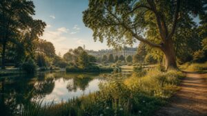 Parc naturel en ville avec étang paisible et arbres centenaires au coeur de Noisiel