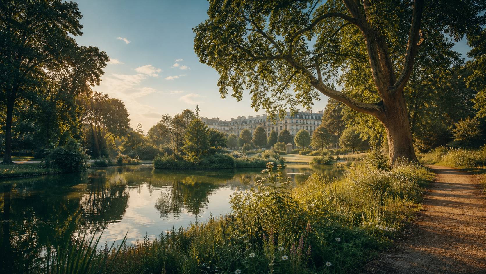 Parc naturel en ville avec étang paisible et arbres centenaires au coeur de Noisiel