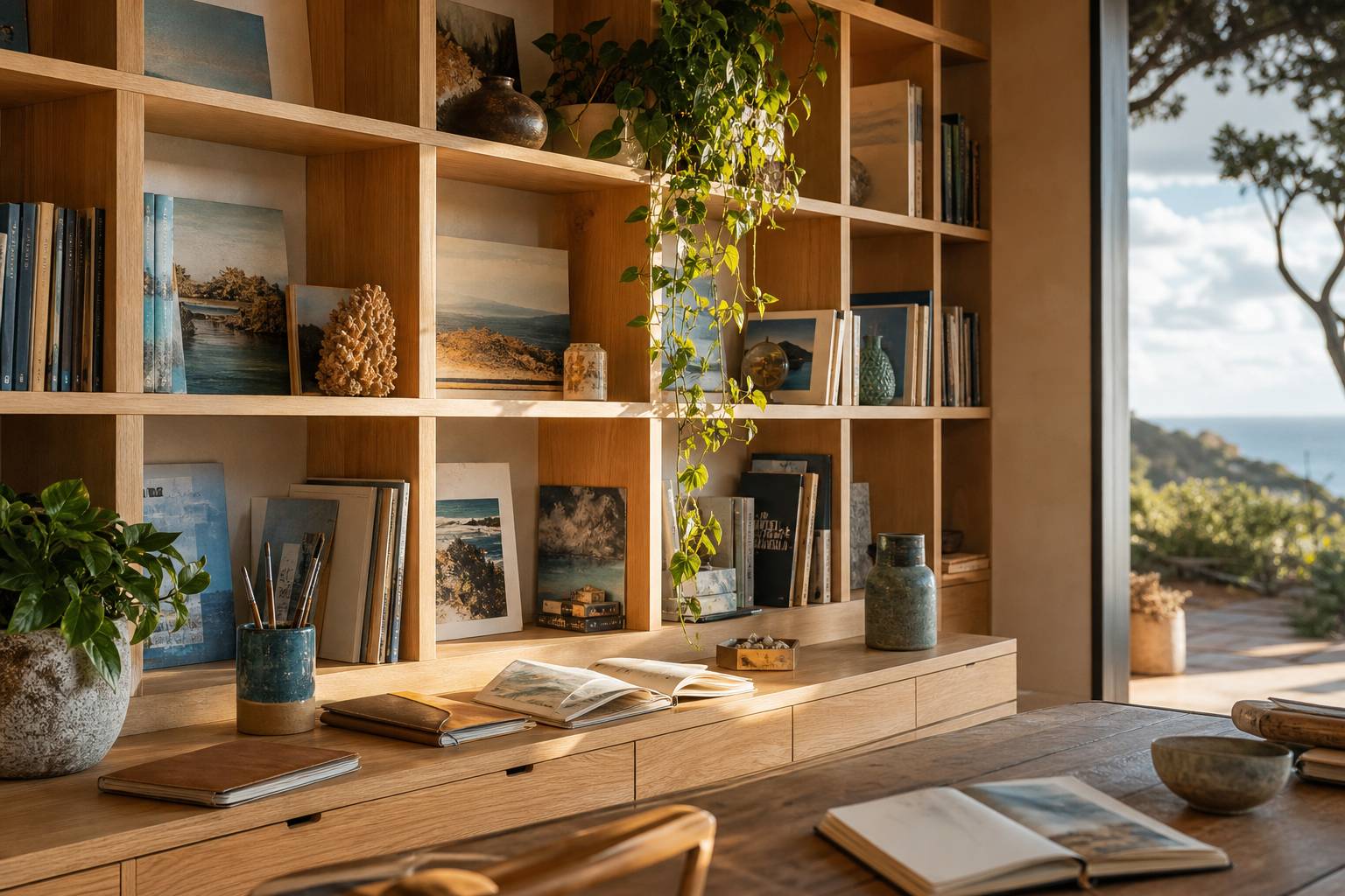 Atelier créatif avec livres d'art, carnets et pinceaux près d'une fenêtre