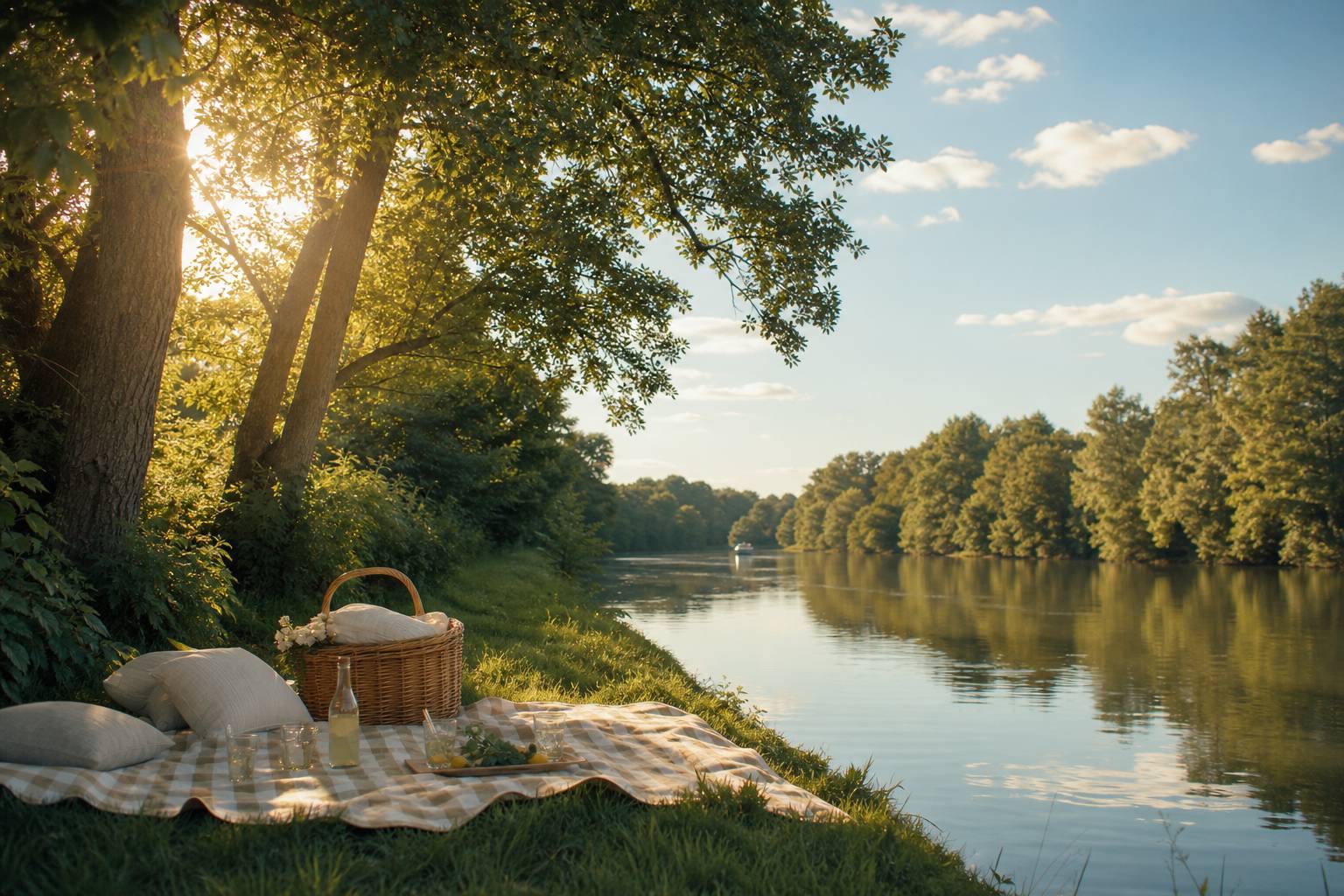 Pique-nique paisible au bord de la Marne avec panier en osier et limonade