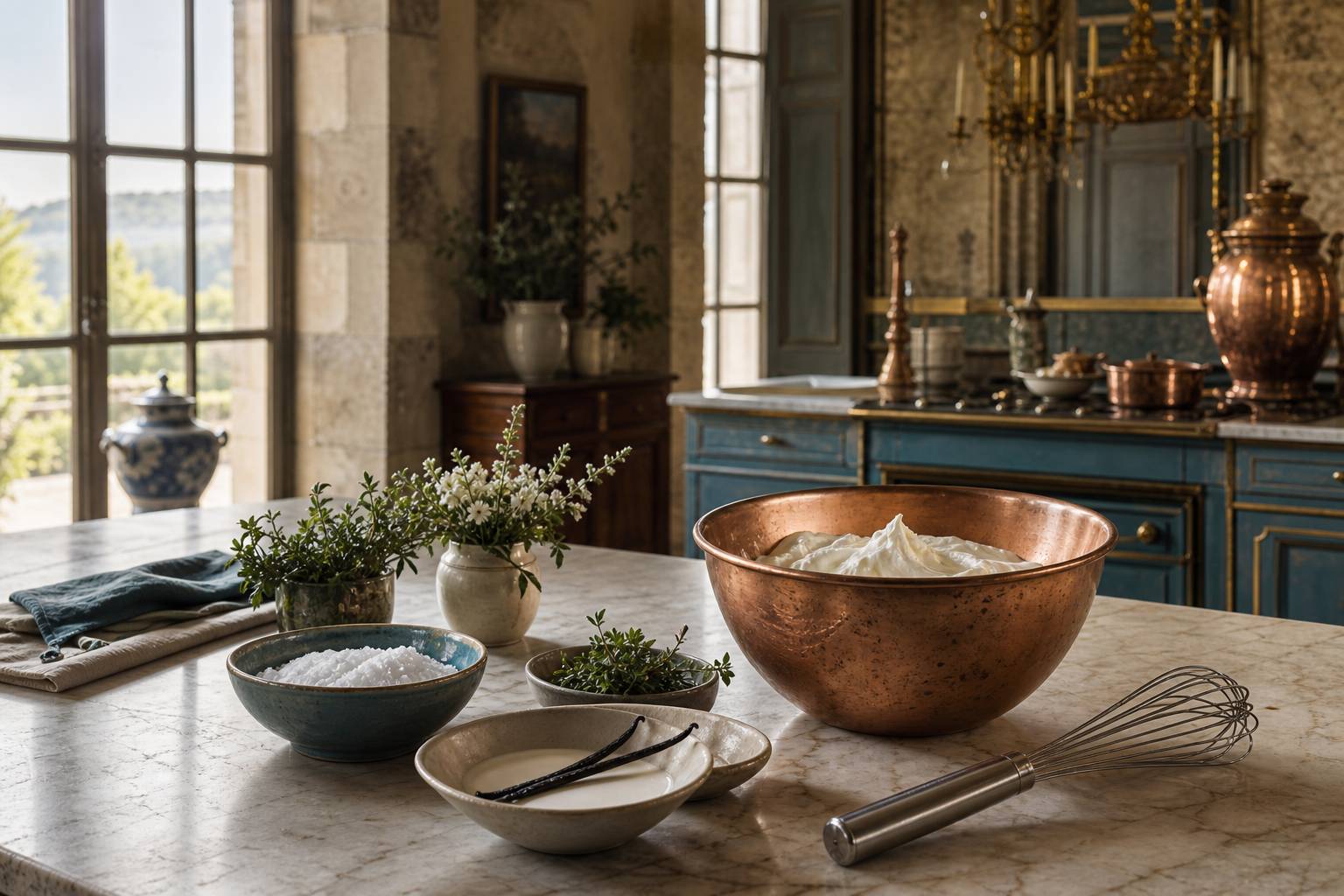 Préparation de crème Chantilly dans une cuisine de château avec ustensiles traditionnels