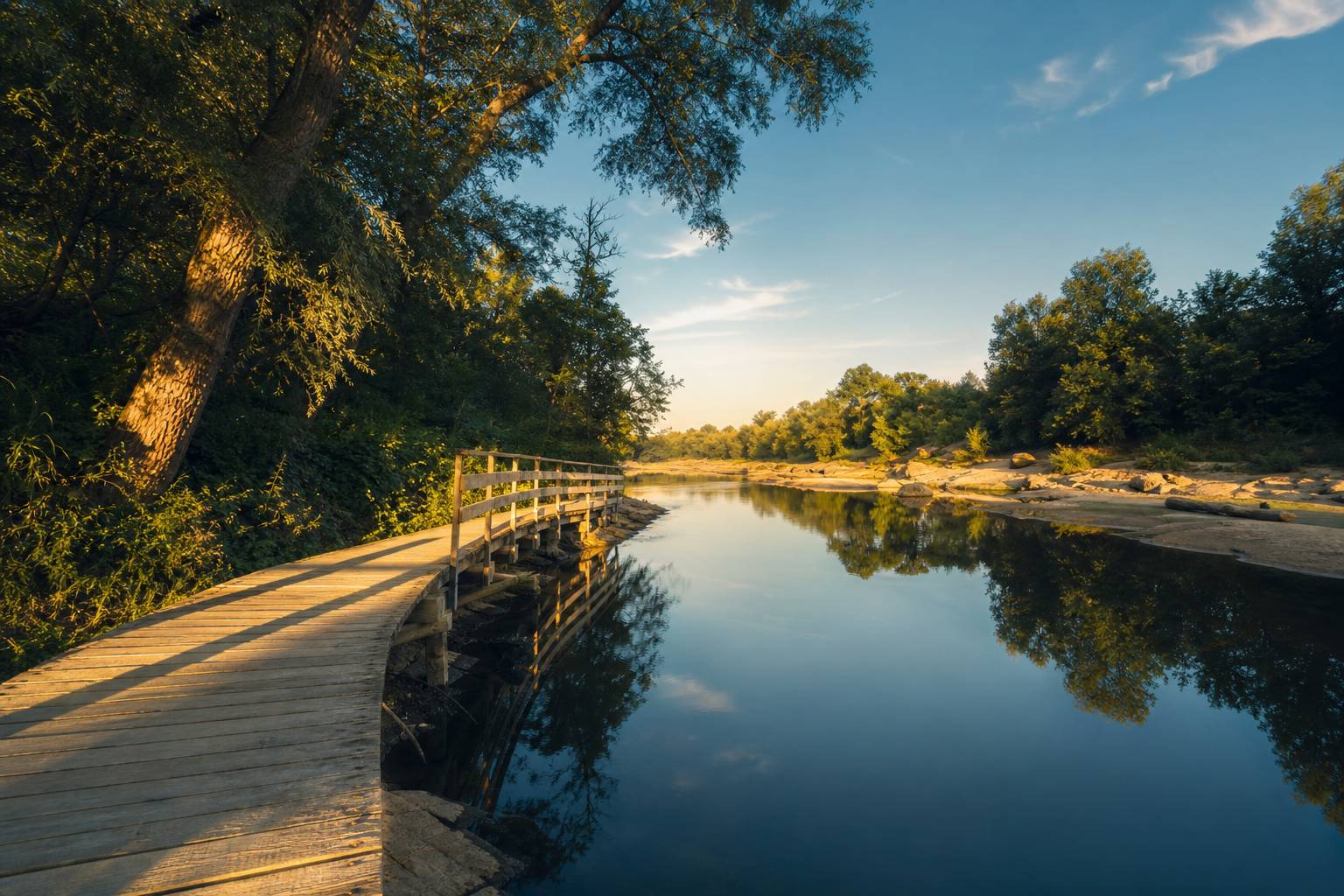 Passerelle en bois traversant une rivière bordée d'arbres verdoyants