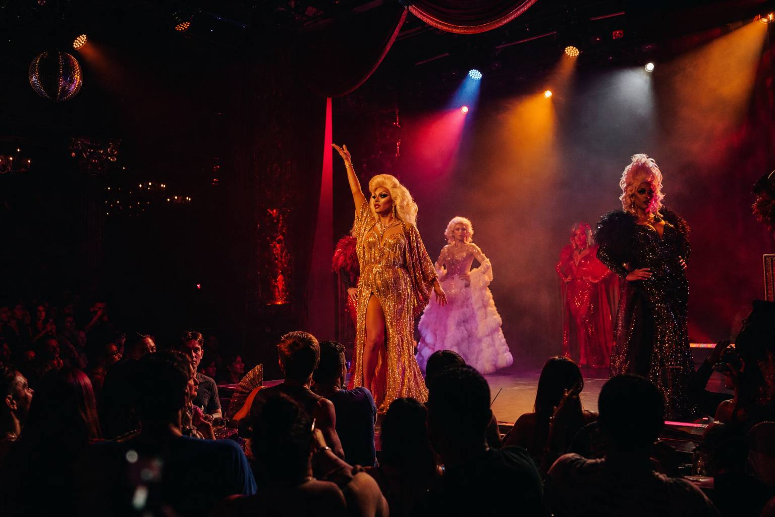 Scene de cabaret drag avec projecteurs colores et rideaux de scene