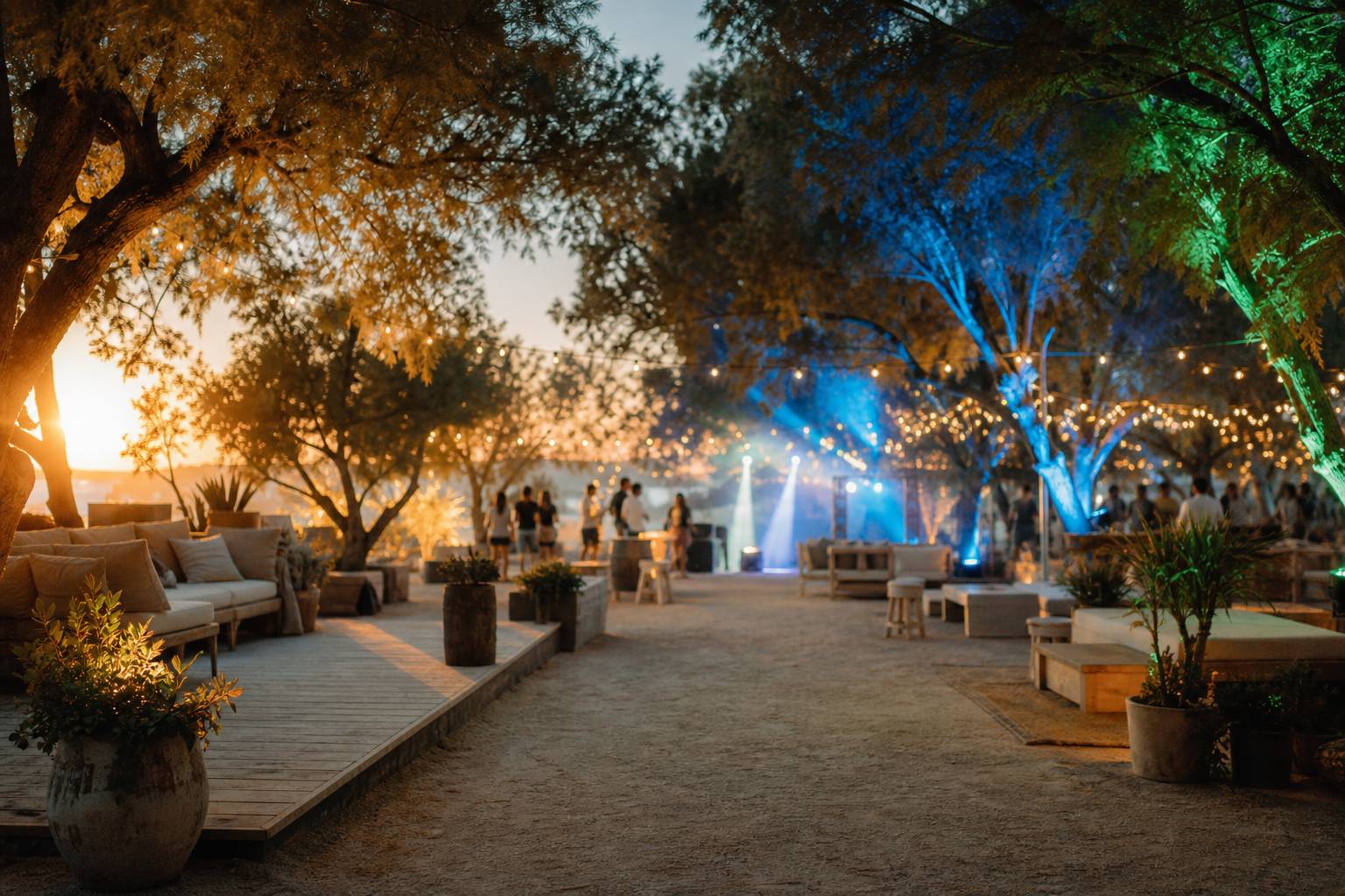Scène extérieure avec projecteurs colorés et dancefloor en plein air bordé darbres aux guirlandes lumineuses