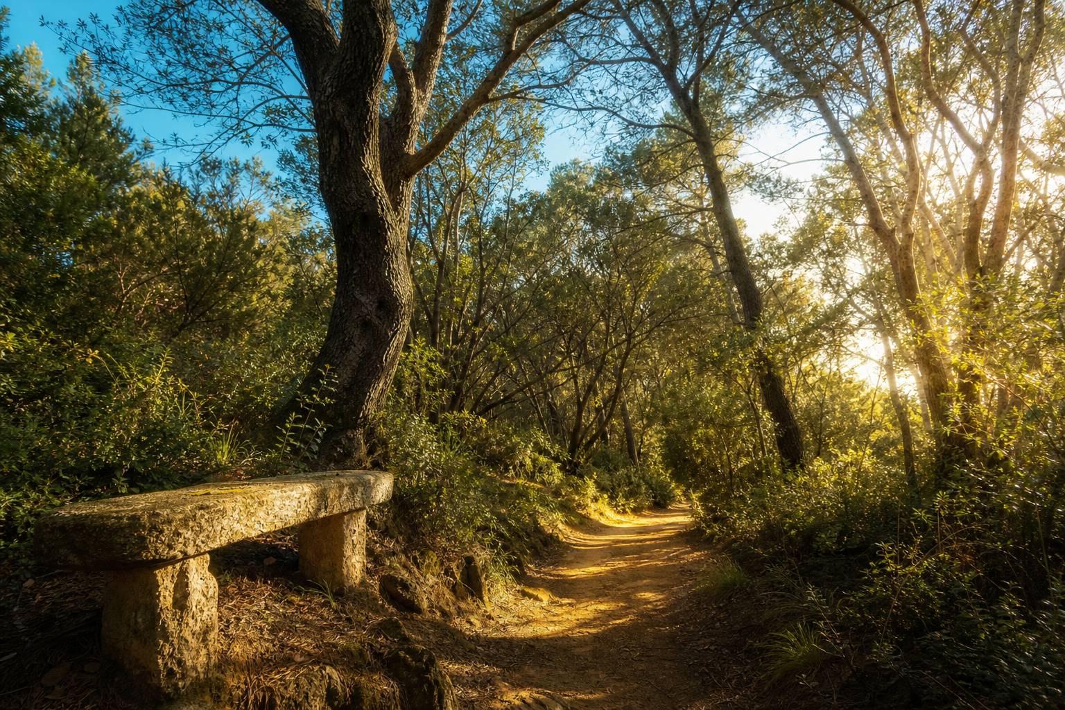Sous-bois ensoleillé avec banc en pierre et sentier serpentant entre les arbres