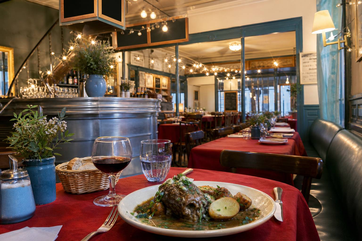 À Versailles, le Petit Bouillon défie l’inflation en réinventant le plaisi - salle de brasserie avec bar en zinc et assiette de plat du jour