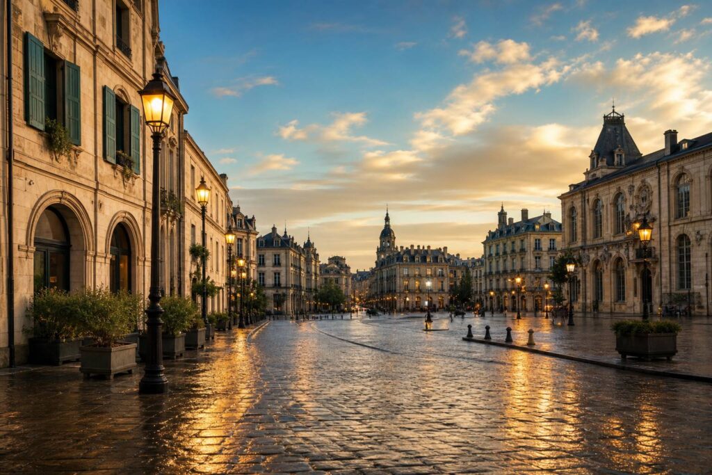 Rue pavee pittoresque d une vieille ville europeenne au crepuscule