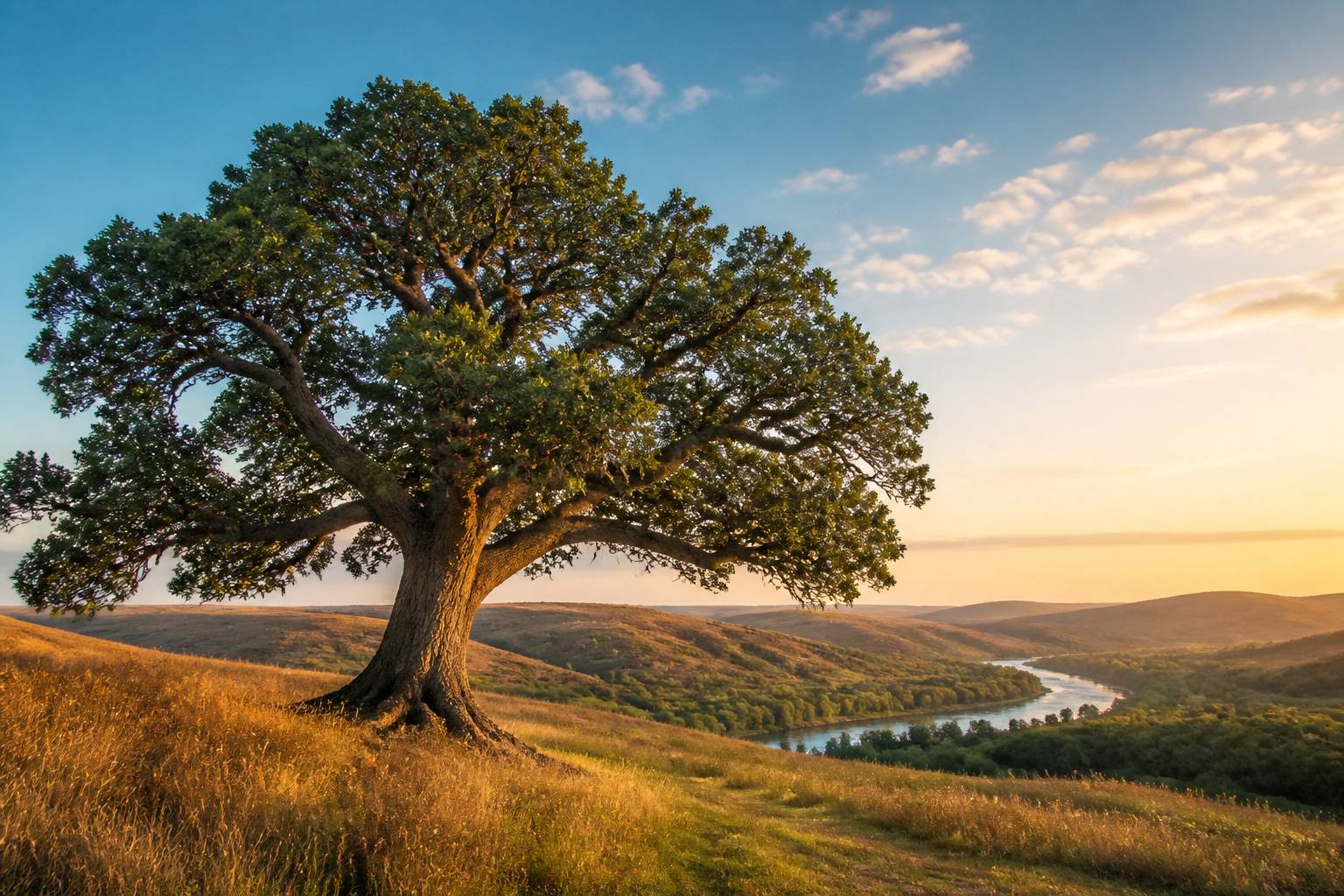 Arbre centenaire isolé dans une clairière avec panorama dégagé vers une rivière à la lumière du soir