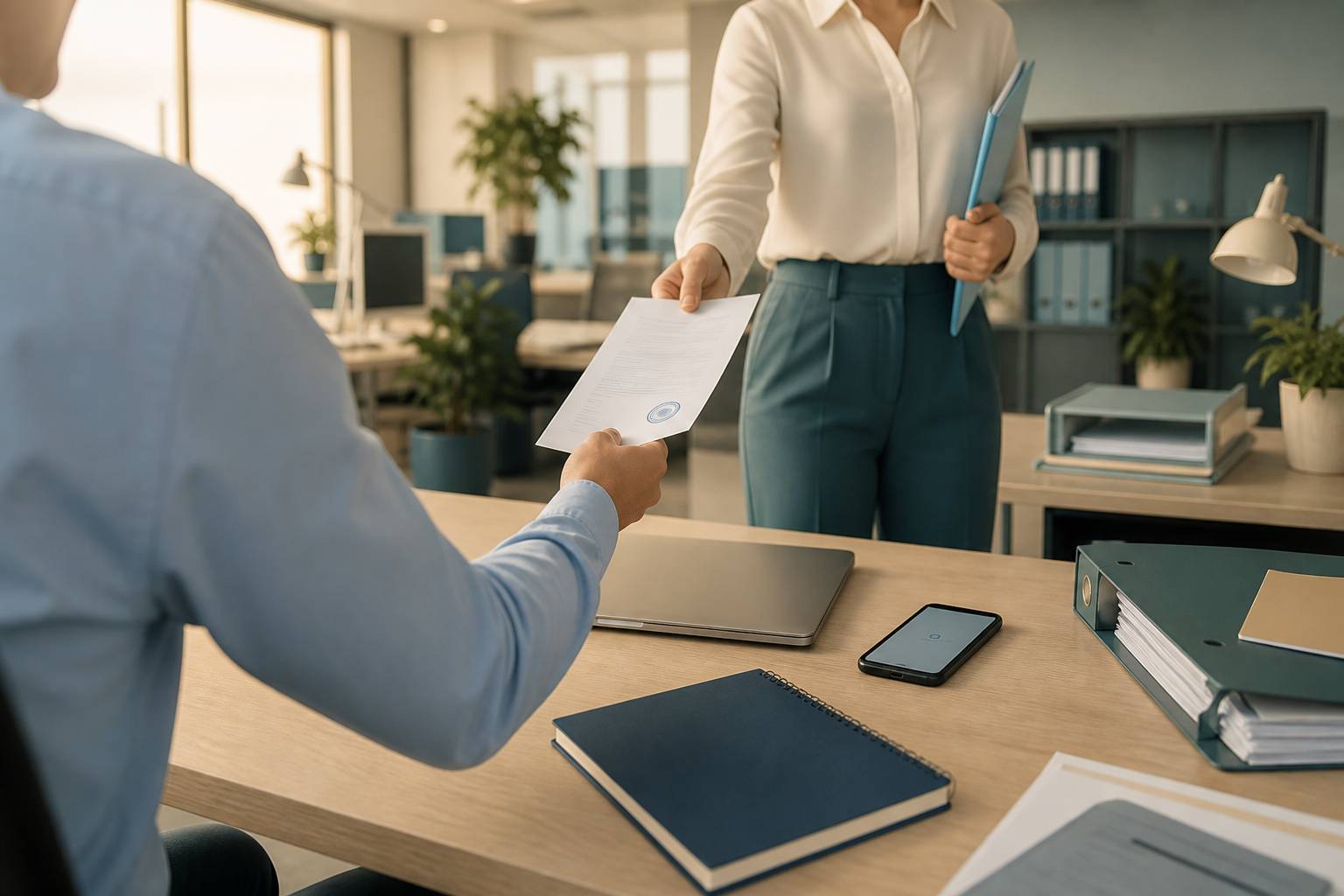 Employé remettant un document justificatif dans un bureau de ressources humaines