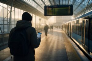 Voyageur de dos consultant une notification de retard sur un quai de gare