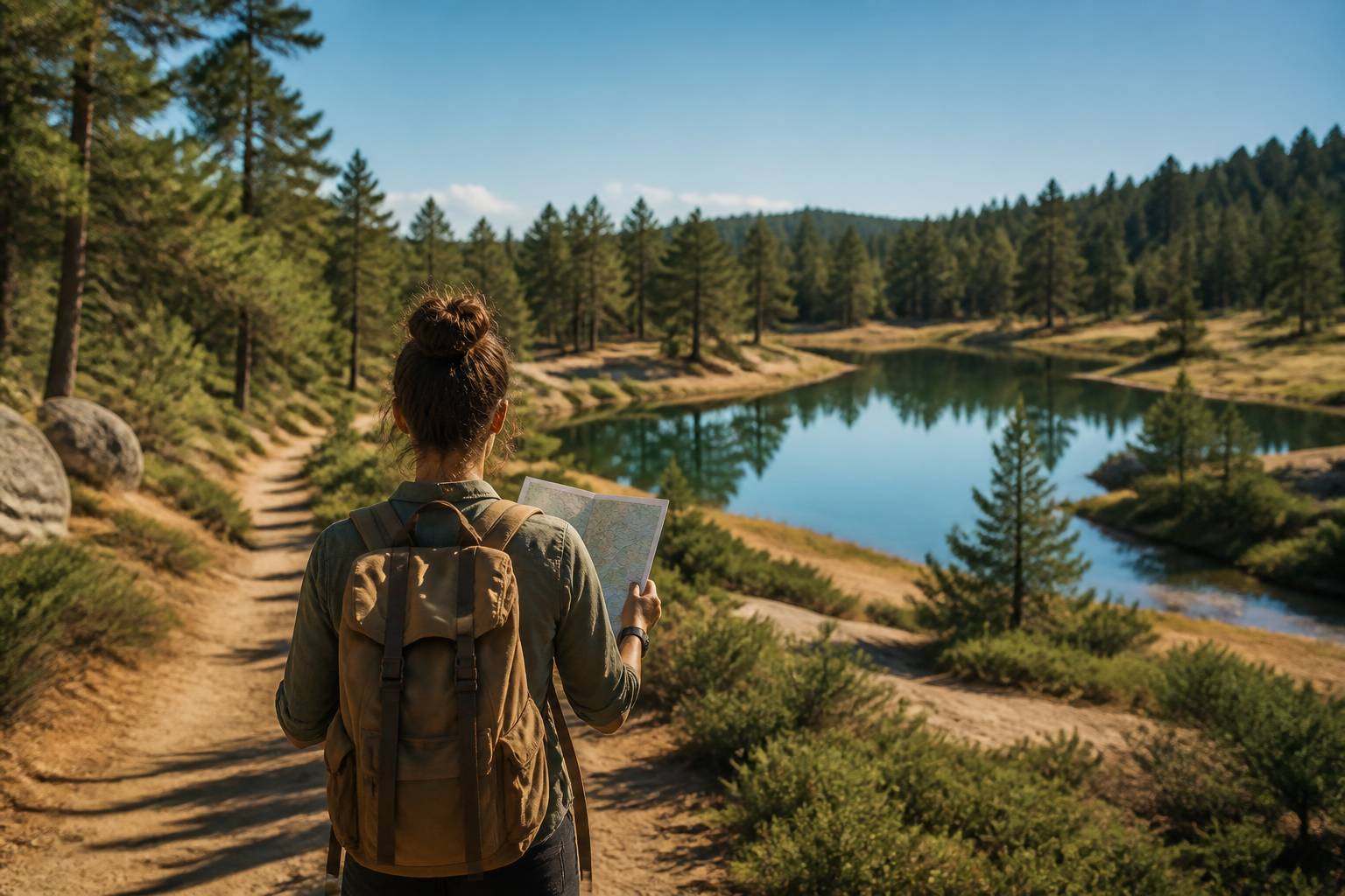 Randonneuse de dos avec sac à dos sur un sentier près d'étangs
