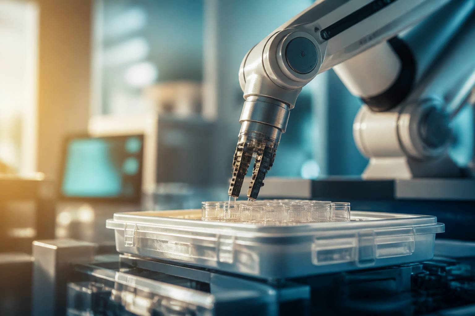 Bras robotique de précision au-dessus d'une boîte de laboratoire