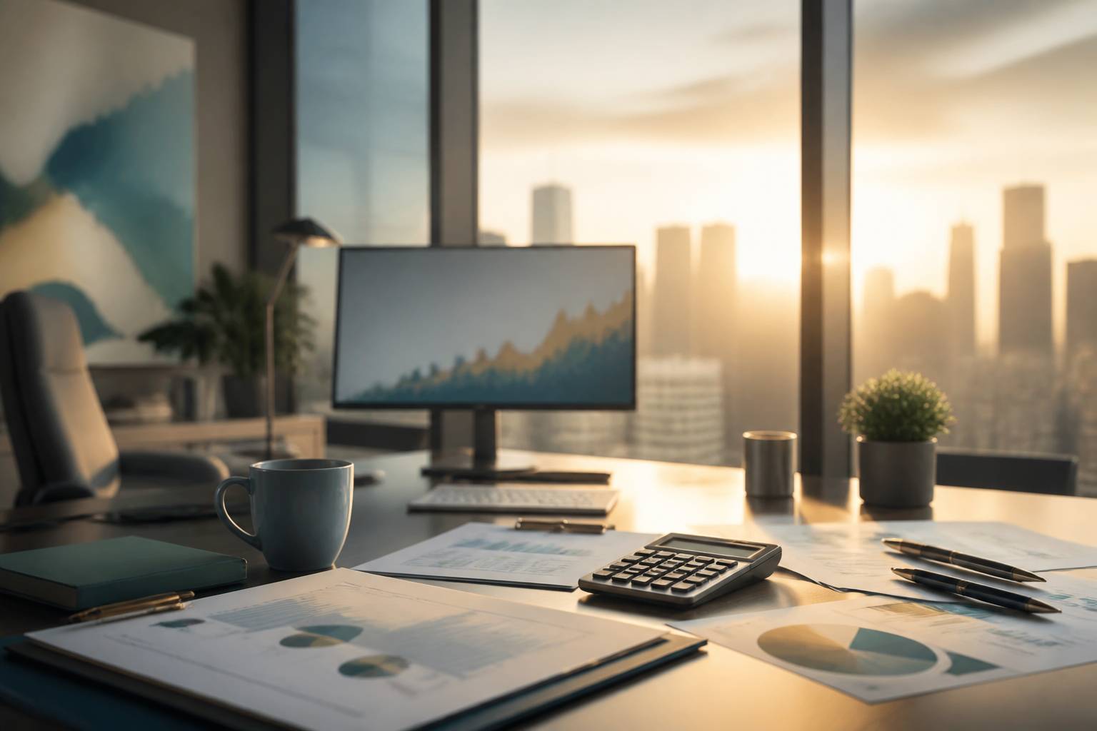 Bureau avec documents économiques et graphique sur écran