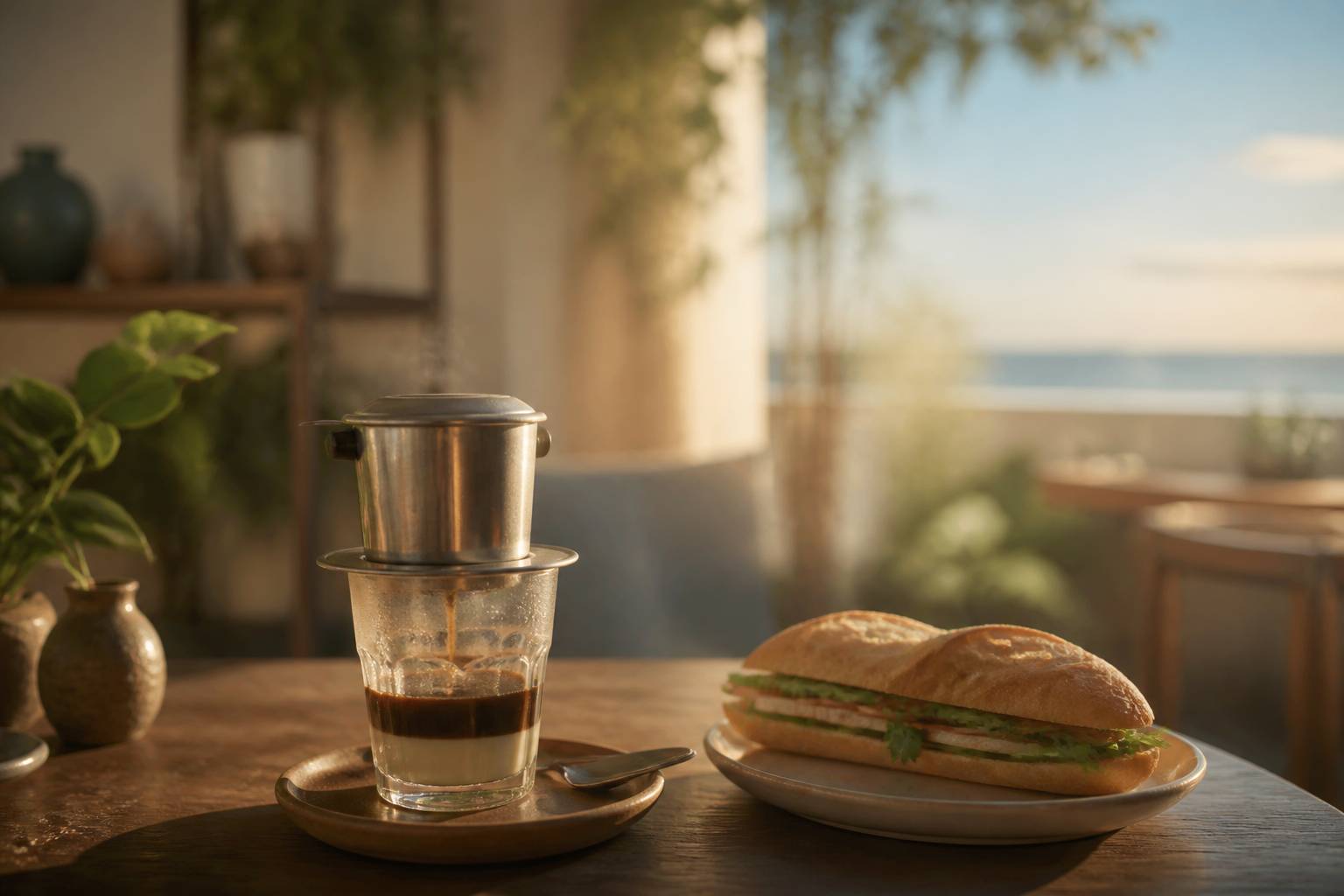 Filtre phin egouttant un cafe vietnamien dans un verre de lait concentre avec un banh mi
