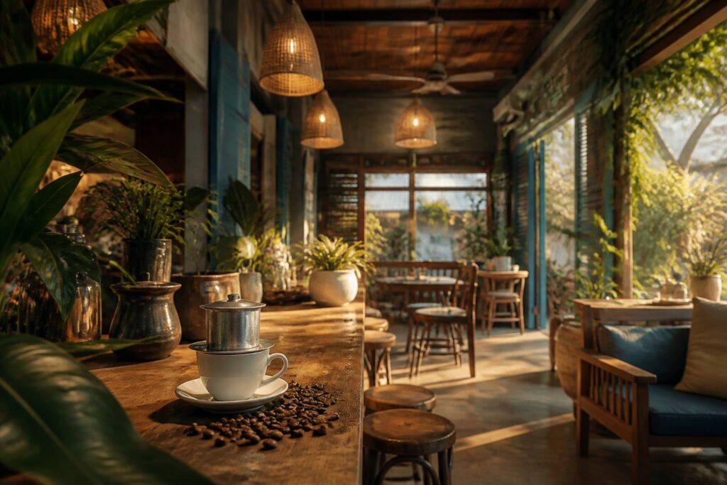 Comptoir en bois d'un coffee shop vietnamien avec filtre phin et grains de cafe