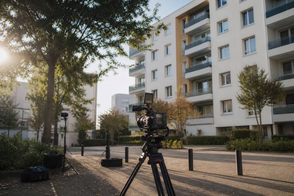 Caméra de tournage documentaire face à des immeubles de logements collectifs en fin d'après-midi