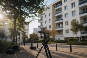 Caméra de tournage documentaire face à des immeubles de logements collectifs en fin d'après-midi