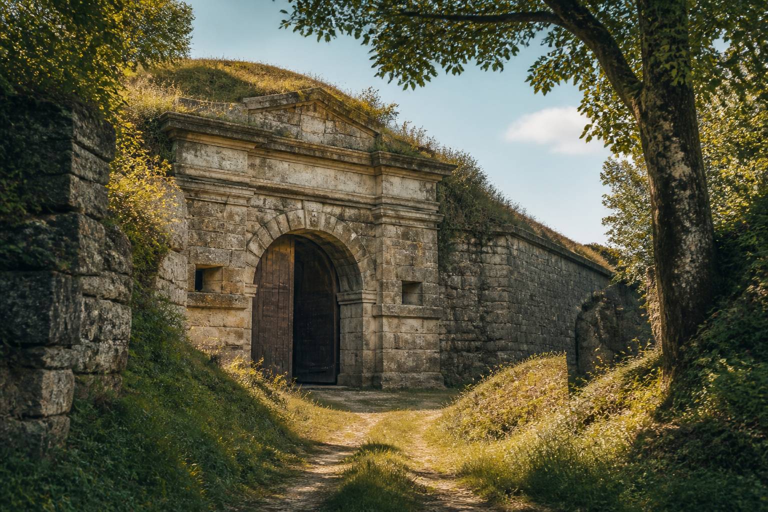 Entrée voûtée en pierre du fort avec porte en bois épaisse