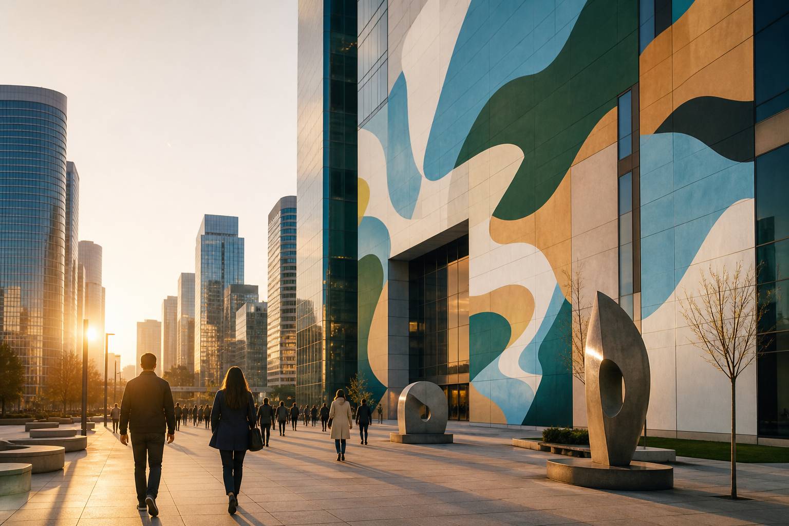 Vue de l'esplanade avec une tour transformée en toile artistique et silhouettes de passants