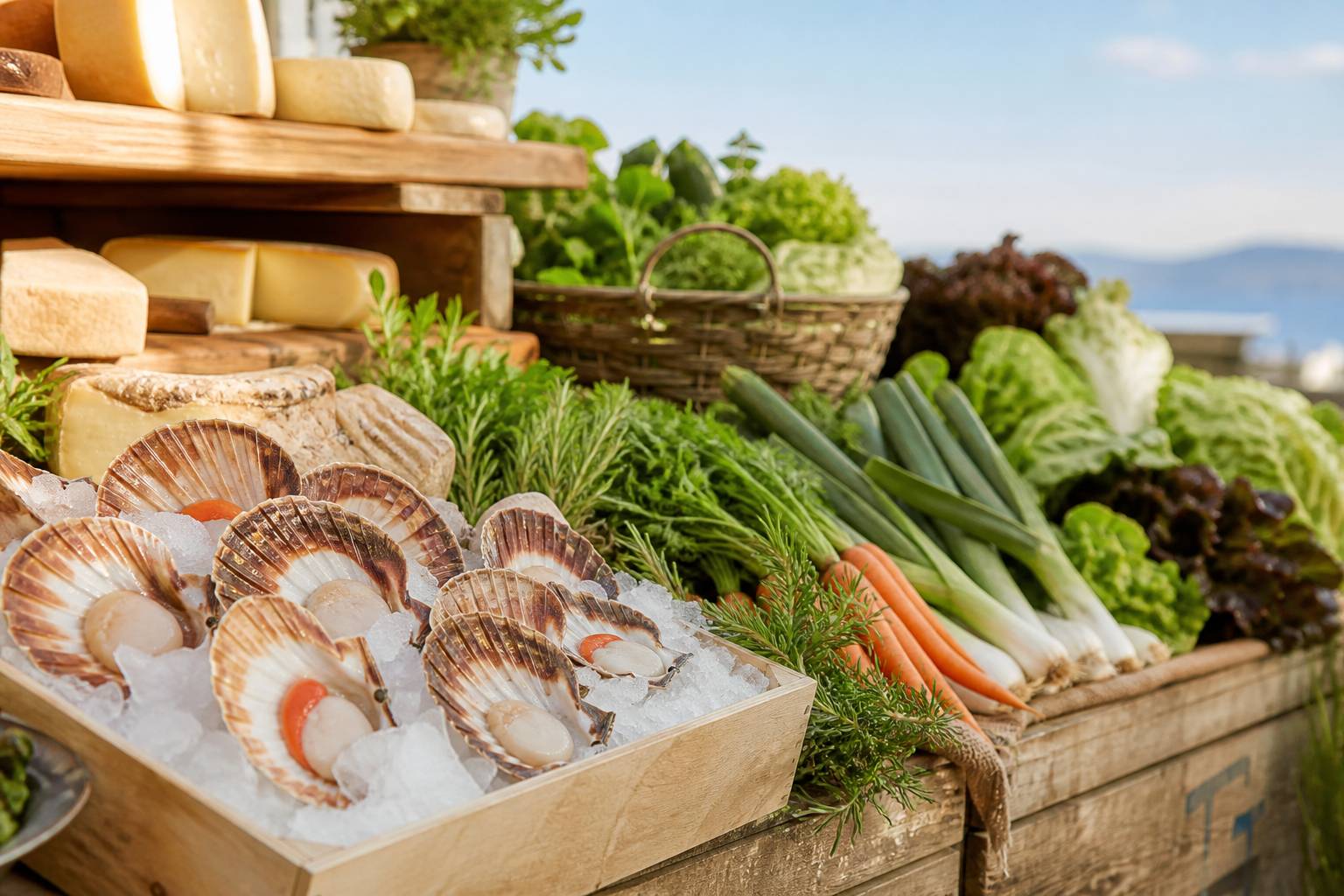 Étal de marché avec coquilles Saint-Jacques, fromages et légumes