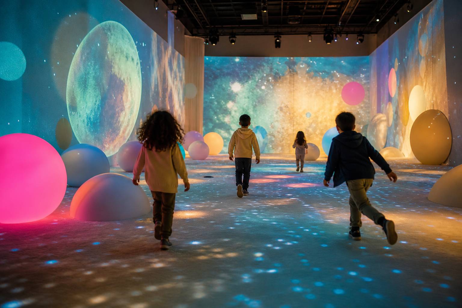 Enfants vus de dos explorant une installation interactive coloree avec projections lumineuses