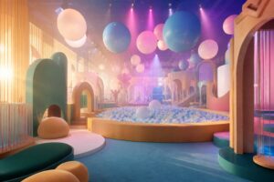 Salle d'exposition immersive avec installations lumineuses roses, piscine a boules et ballons