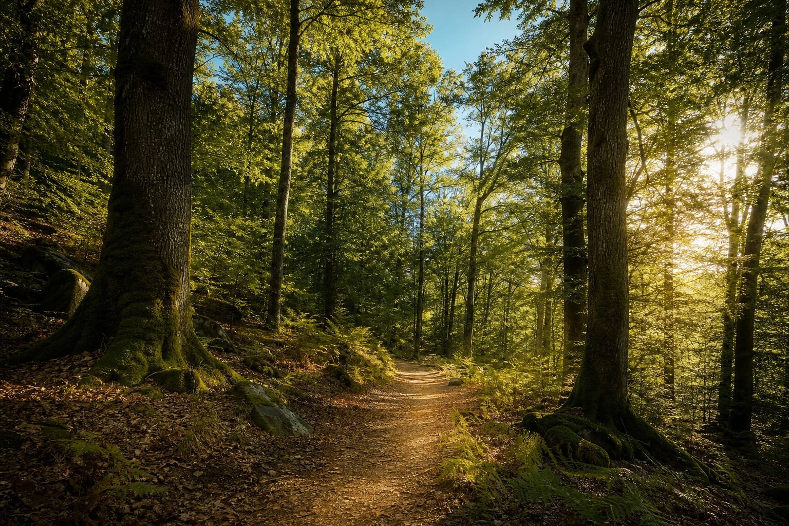 Sentier forestier paisible dans une forêt de feuillus avec rayons de lumière dorée à travers la canopée