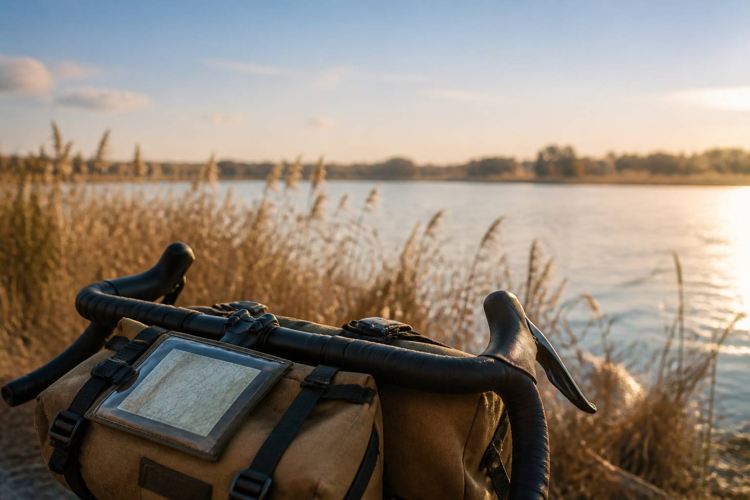 Guidon de vélo gravel avec un sac posé au bord d'un lac