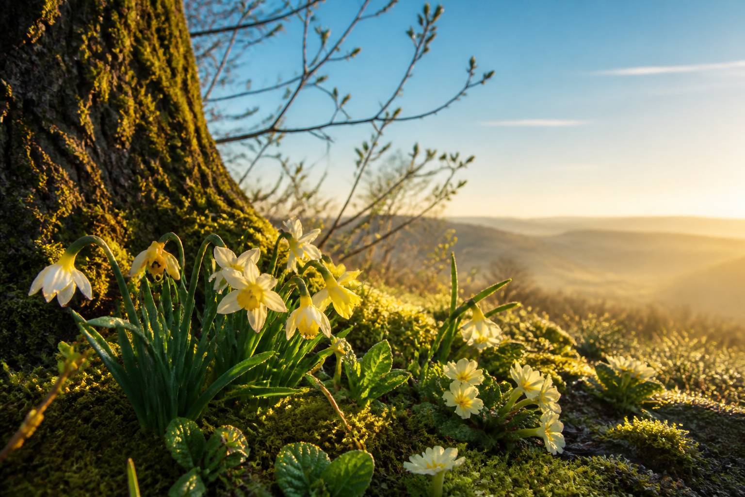 Jonquilles et primevères sauvages avec bourgeons et mousse en forêt