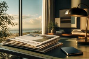 Pile de journaux génériques sur un bureau avec lampe et smartphone