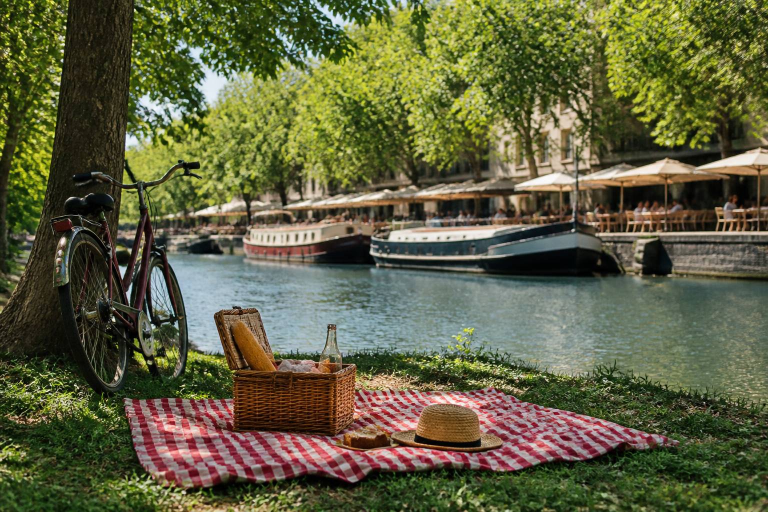 Pique-nique sur les berges du canal avec couverture à carreaux, panier en osier et vélo appuyé contre un arbre